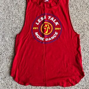 Zumba Fitness Red Muscle Tee with Yellow & Blue Graphic
